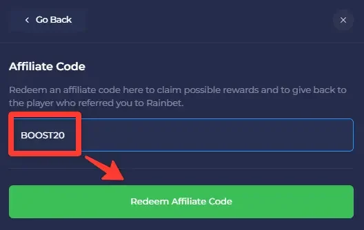 Rainbet Affiliate Code field with BOOST20 entered and the green Redeem Affiliate Code button