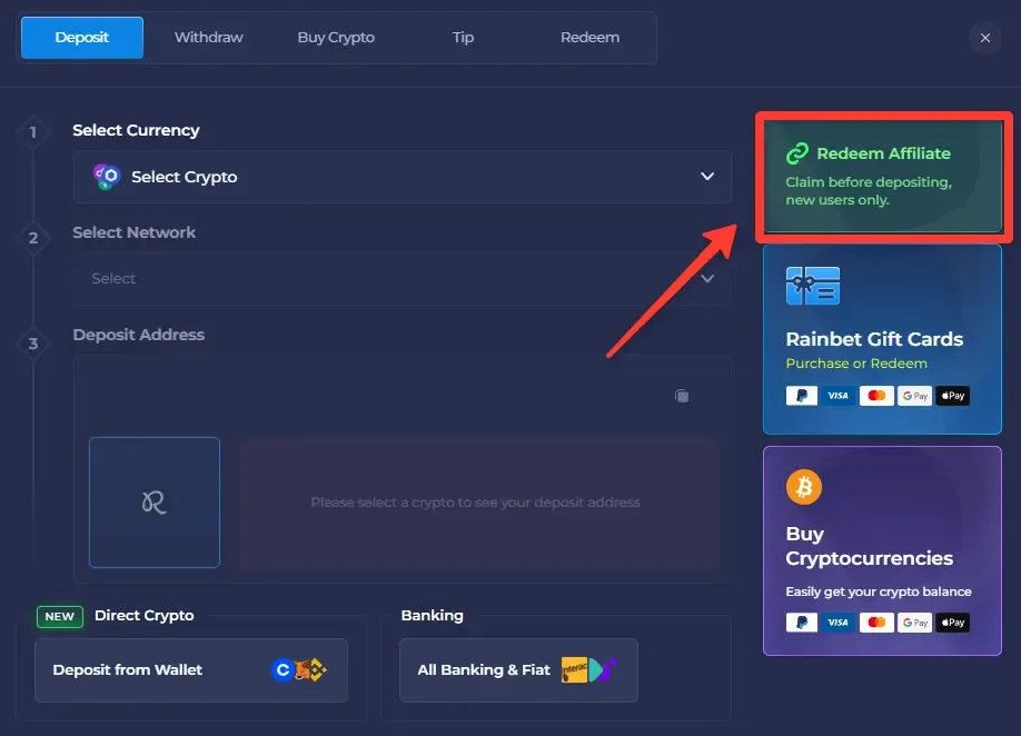 Rainbet Deposit screen with the Redeem Affiliate card highlighted for claiming a code before depositing