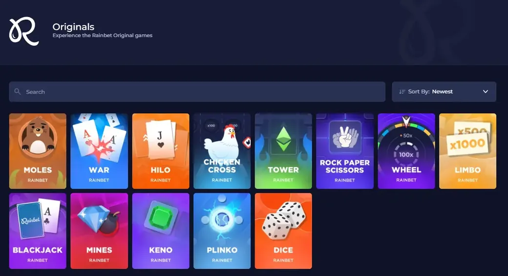 Rainbet Originals lobby showing game tiles including Mines, Plinko, Dice, Limbo, Hilo, Keno and Blackjack
