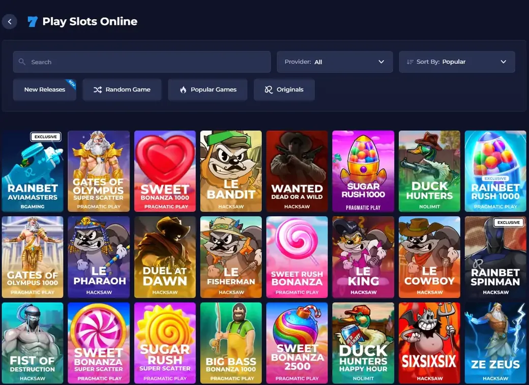 Rainbet slots lobby featuring branded exclusives such as Rainbet Aviamasters and Rainbet Rush alongside popular slot titles